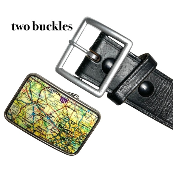 belt BALTIMORE 34-39 black leather 2 buckles silver Maryland map Boston handmade - Picture 1 of 15